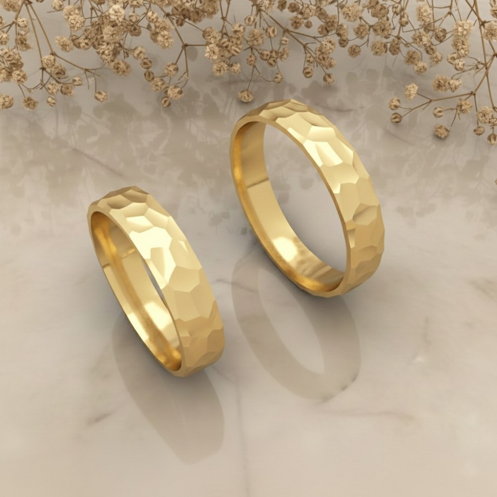 Hammered Tasarım Çift Altın Alyans