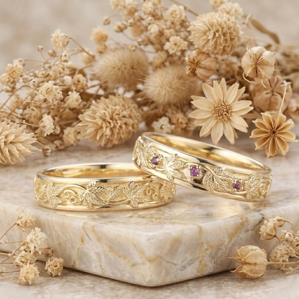 Yaprak Motifli Vintage Özel Tasarım Çift Alyans Yüzük MY4012