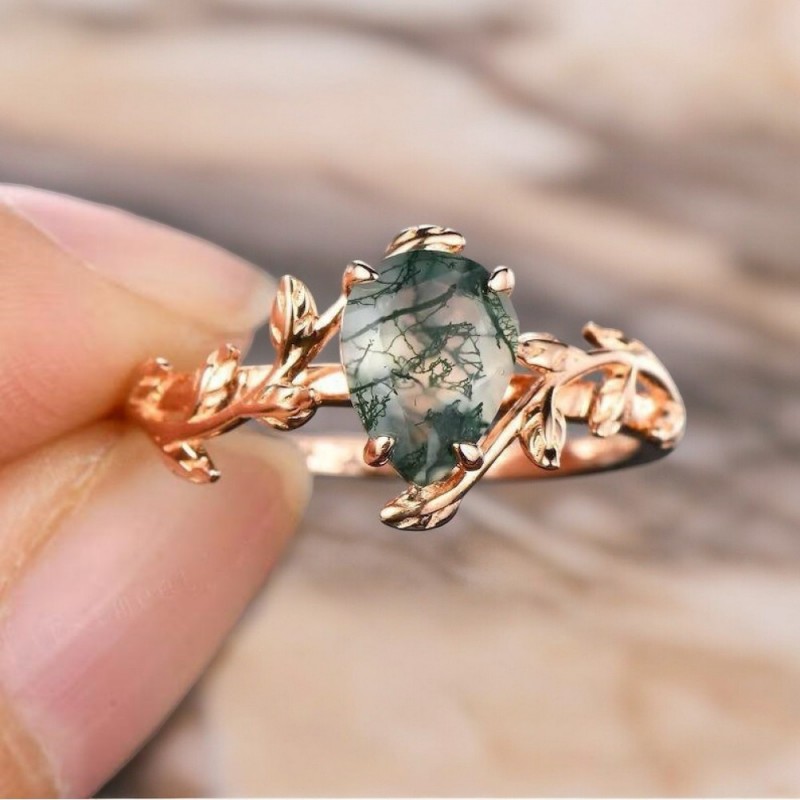 Damla Moss Agate / Yosun Akik Altın Yüzük 