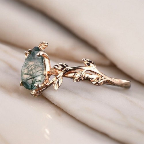 Damla Moss Agate / Yosun Akik Altın Yüzük MY2062