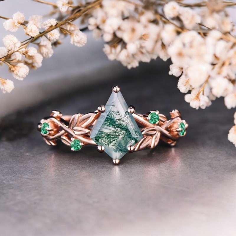 Moss Agate Ve Zümrütlü Yapraklı Sarmaşık Yüzük 