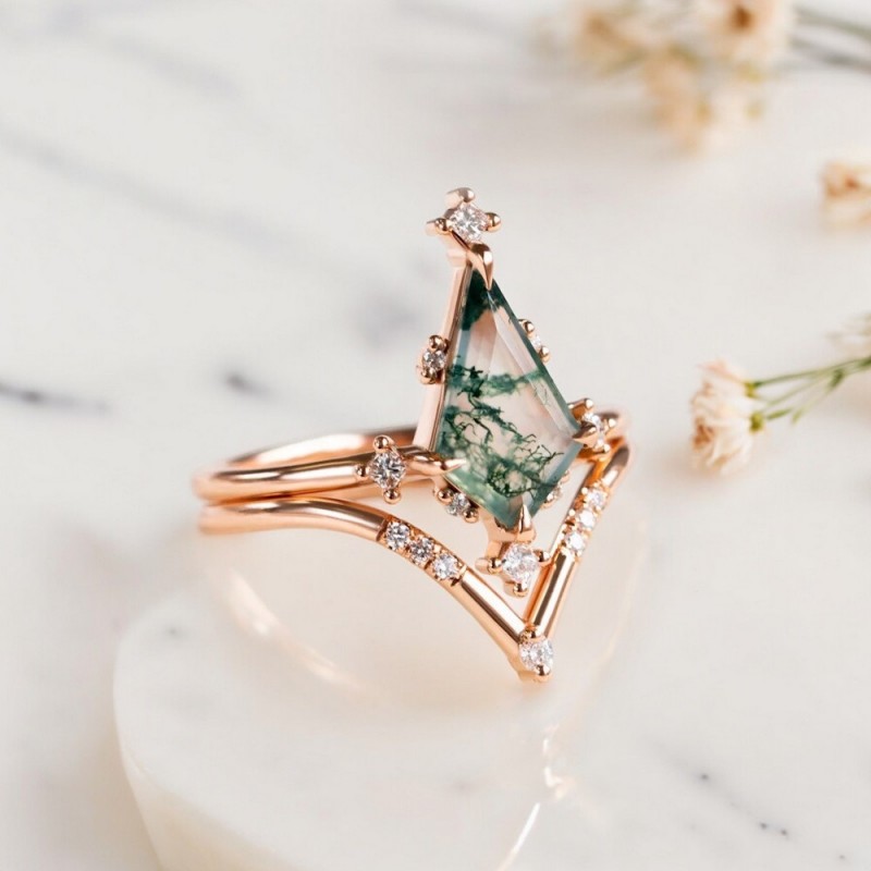 Kite Moss Agate Ve Pırlanta Vintage Yüzük 