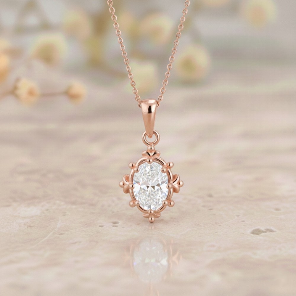 Oval Pırlanta Vintage Tektaş Altın Kolye