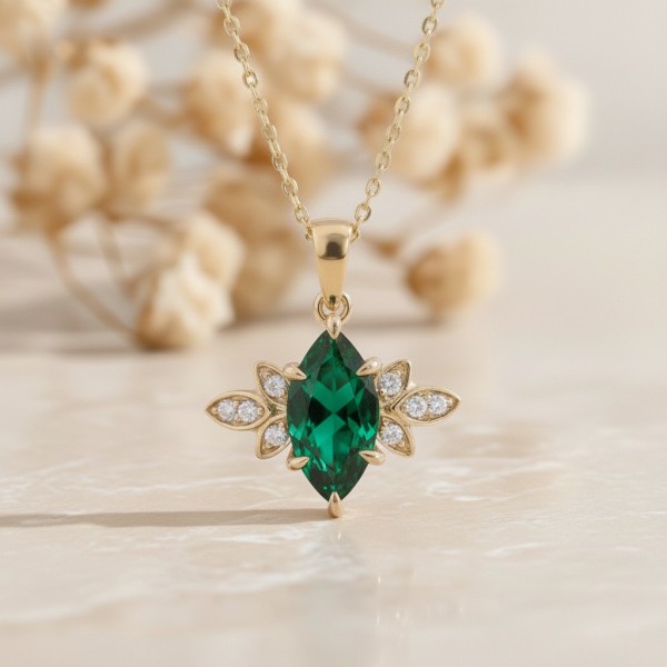 Doğal Zümrüt Ve Pırlanta Vintage Tarz Kolye MYZK11