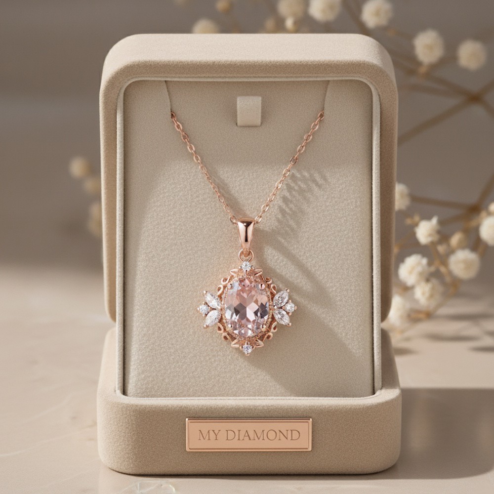 Morganit Ve Pırlanta Vintage Rose Altın Kolye 