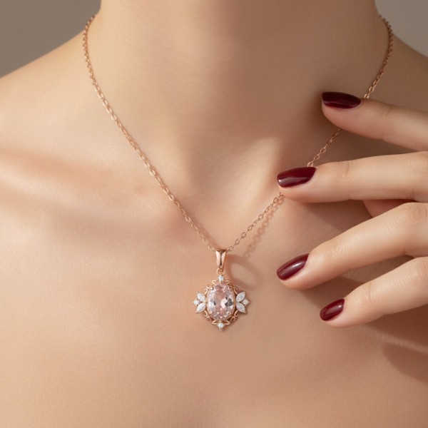 Morganit Ve Pırlanta Vintage Rose Altın Kolye  MYKL229