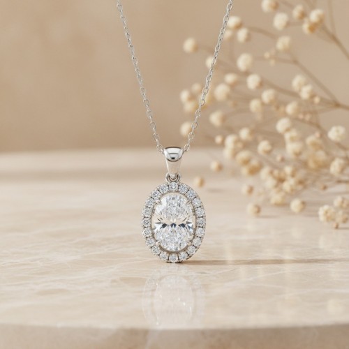 Oval Kesim Pırlanta Halo Model Kolye MYKL302