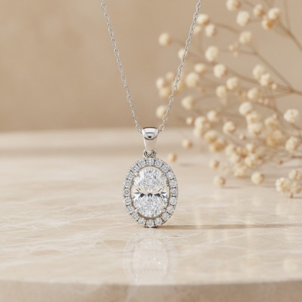 Oval Kesim Pırlanta Halo Model Kolye MYKL302