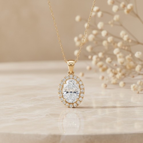 Oval Kesim Pırlanta Halo Model Kolye MYKL302