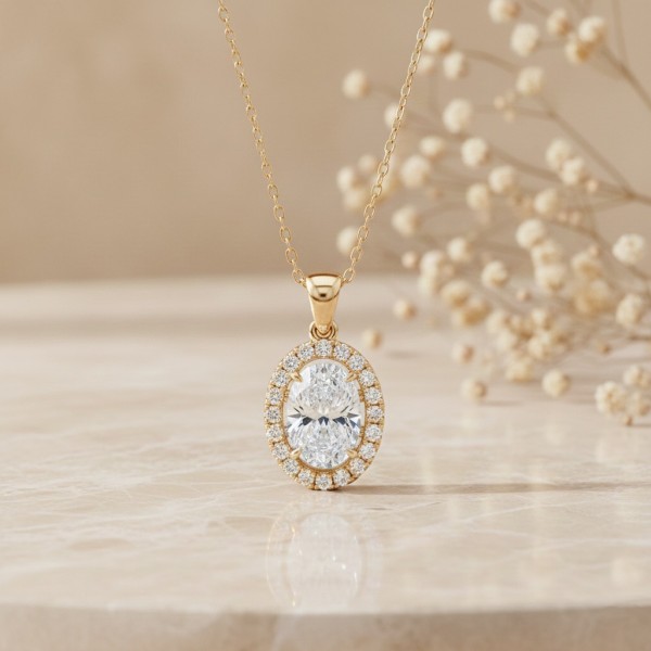 Oval Kesim Pırlanta Halo Model Kolye MYKL302