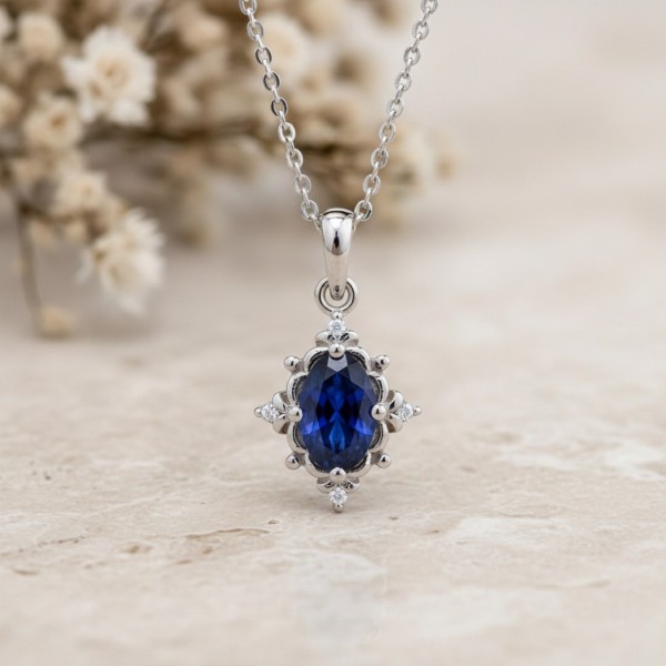 Oval Mavi Safir Ve Pırlantalı Altın Vintage Kolye MYSK09