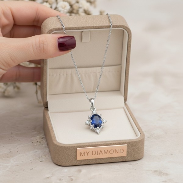 Oval Mavi Safir Ve Pırlantalı Altın Vintage Kolye MYSK09