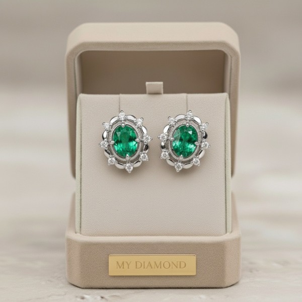 Gerçek Zümrüt Taşlı Vintage Tasarım Pırlanta Küpe MYKP213