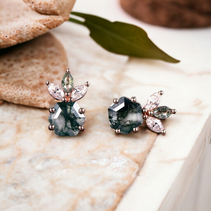 Moss Agate Ve Pırlanta Özel Tasarım Küpe 