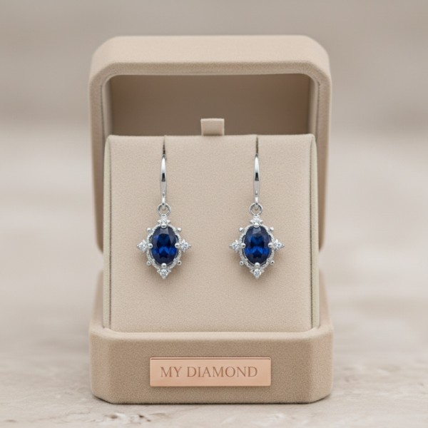 Safir Ve Pırlantalı Vintage Tasarım Altın Küpe MYKP247