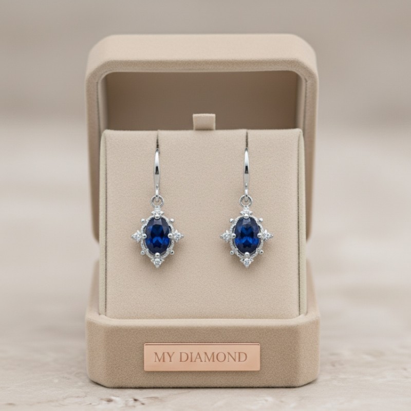 Safir Ve Pırlantalı Vintage Tasarım Altın Küpe