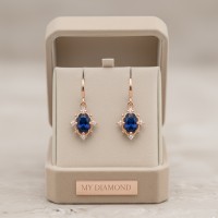Safir Ve Pırlantalı Vintage Tasarım Altın Küpe