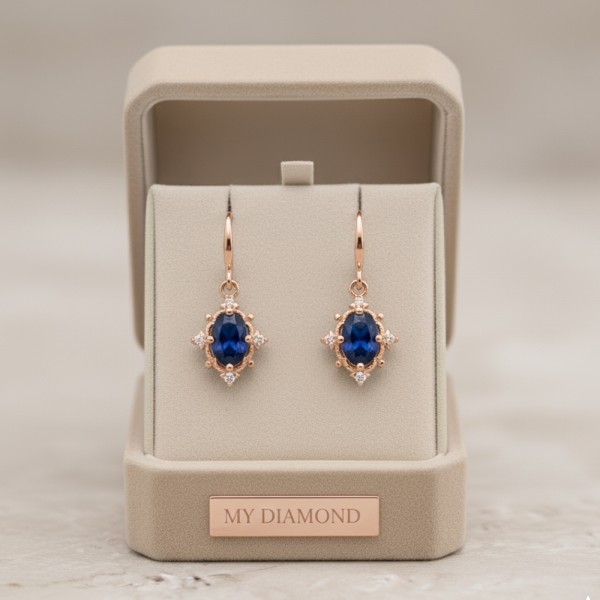 Safir Ve Pırlantalı Vintage Tasarım Altın Küpe MYKP247