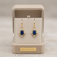 Safir Ve Pırlantalı Vintage Tasarım Altın Küpe