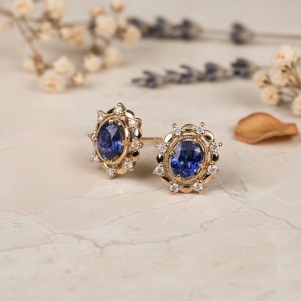 Vintage Tasarım Küpe Safir Pırlanta Altın MYKP02