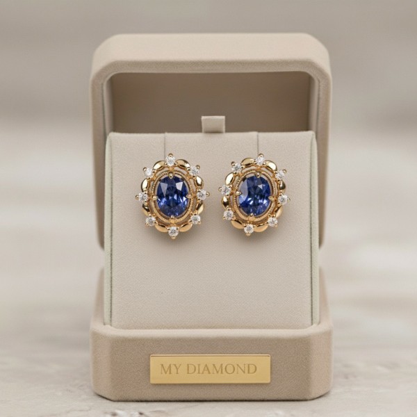 Vintage Tasarım Küpe Safir Pırlanta Altın MYKP02