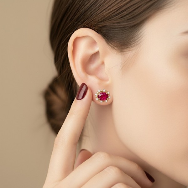 Vintage Tasarım Küpe Doğal Yakut Ve Pırlantalı MYKP215