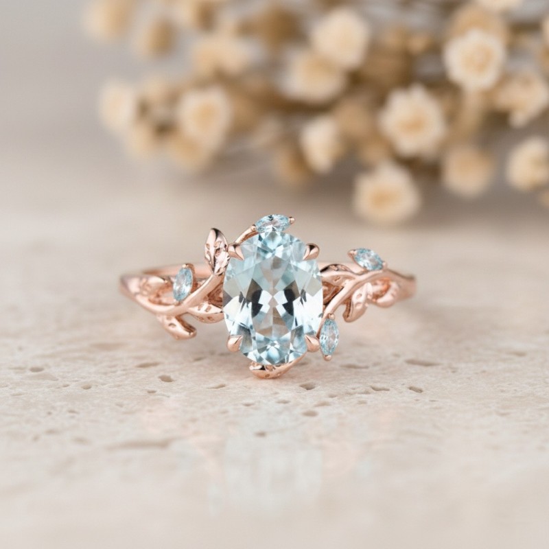 Aquamarine Altın Yapraklı Sarmaşık Yüzük 