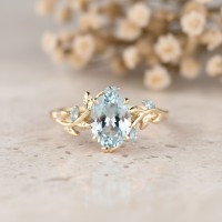 Aquamarine Altın Yapraklı Sarmaşık Yüzük 