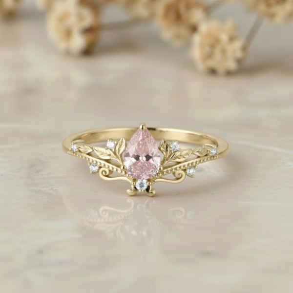 Doğal Morganit Taşlı Pırlanta Vintage Taç Yüzük MY4005