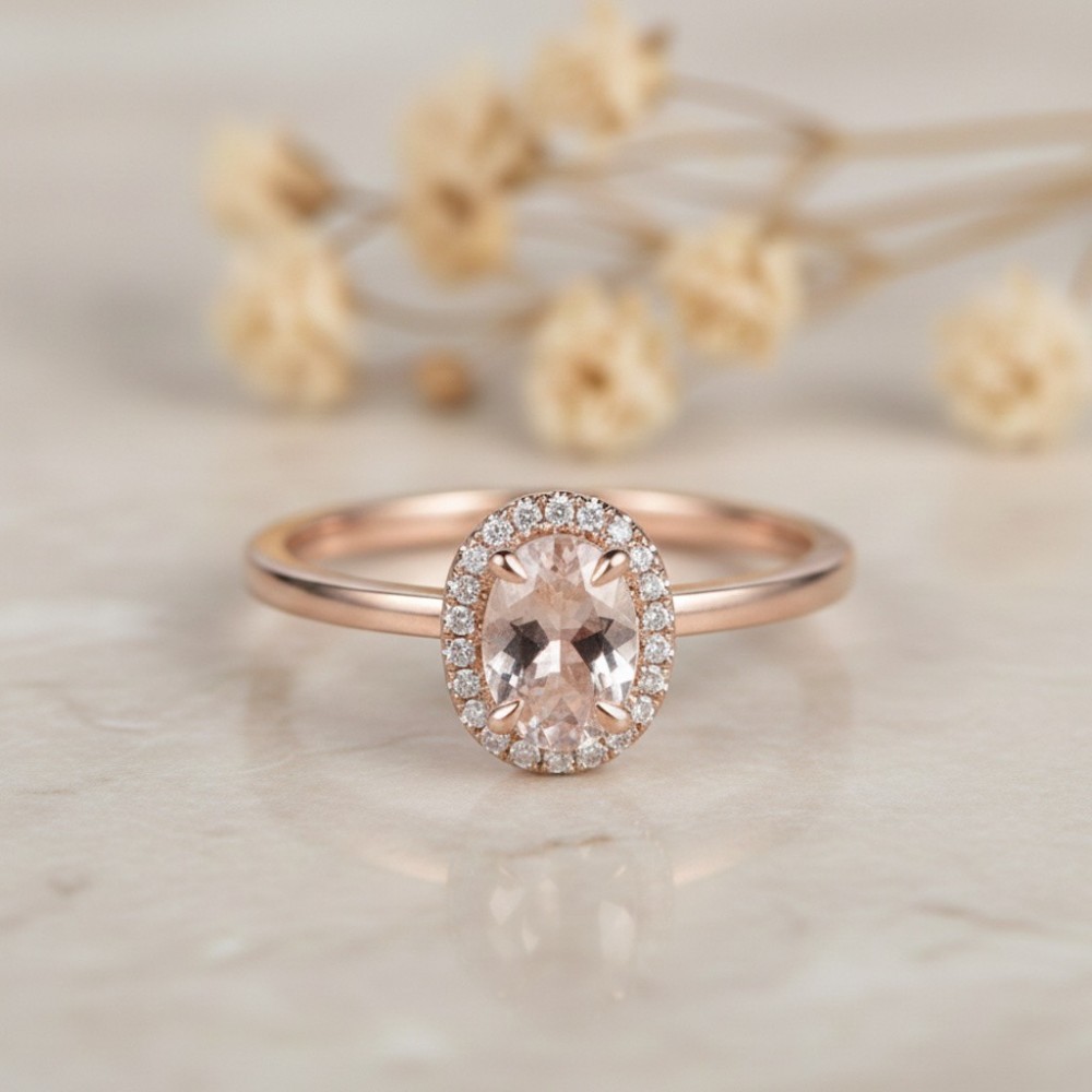 Oval Kesim Morganite Ve Pırlanta Klasik Yüzük