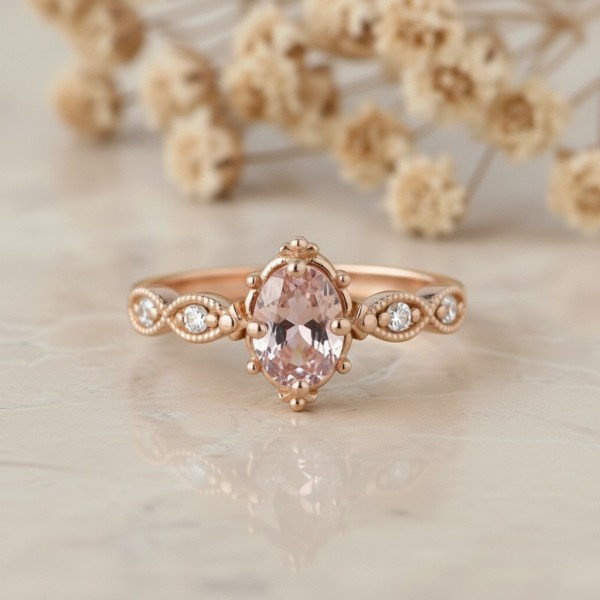 Pembe Morganit Ve Pırlanta Vintage Yüzük AD1194