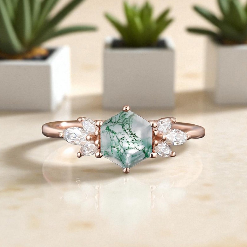 Altıgen Moss Agate Ve Beyaz Topaz Altın Yüzük 