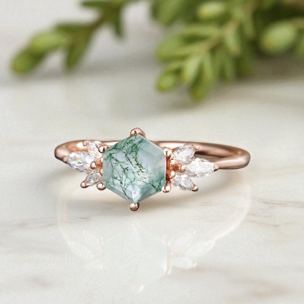 Altıgen Moss Agate Ve Beyaz Topaz Altın Yüzük MA1124