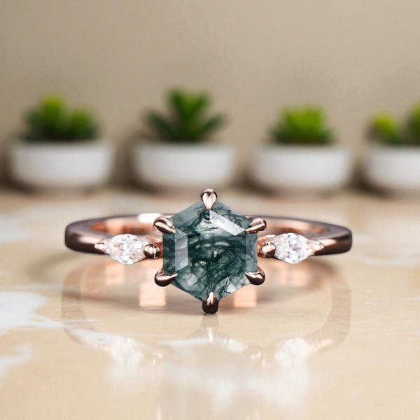 Beyaz Topaz Ve Moss Agate Tektaş Altın Yüzük MA1117