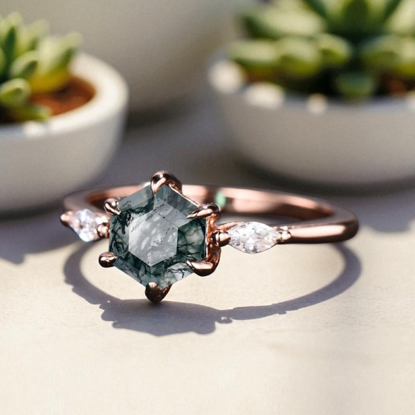 Beyaz Topaz Ve Moss Agate Tektaş Altın Yüzük MA1117