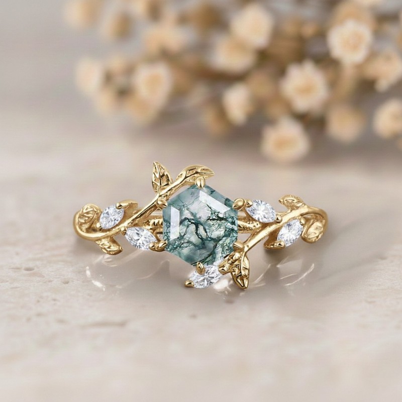 Hexagon Kesim Moss Agate Yaprak Tasarım Yüzük
