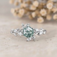 Hexagon Kesim Moss Agate Yaprak Tasarım Yüzük