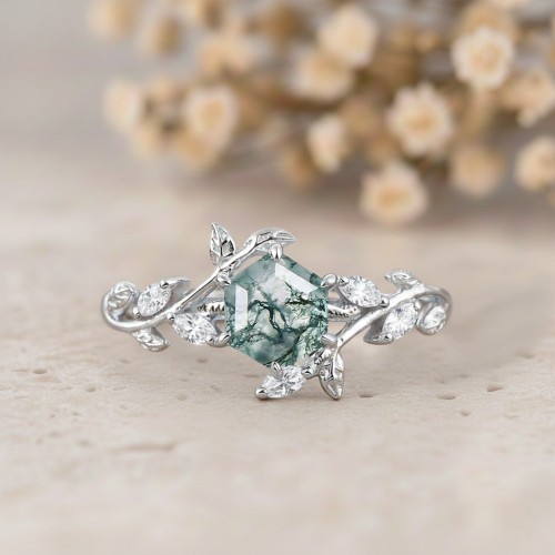 Hexagon Kesim Moss Agate Yaprak Tasarım Yüzük MA1141