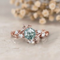 Hexagon Kesim Moss Agate Yaprak Tasarım Yüzük