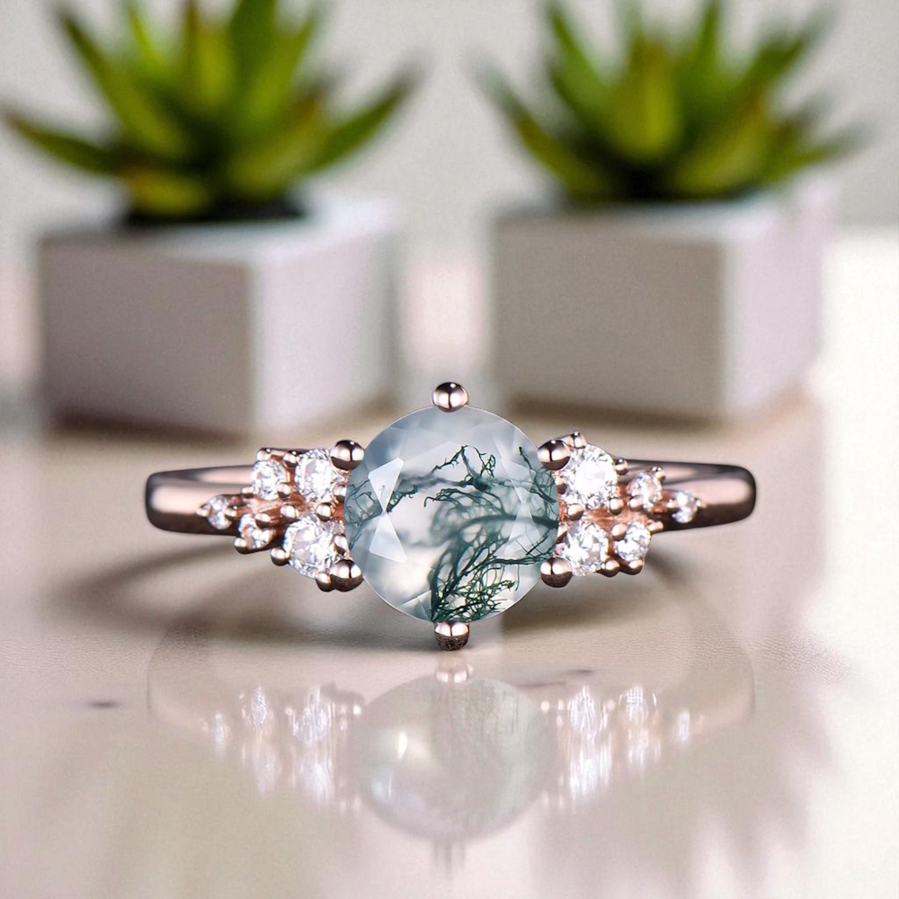 Asimetrik Tasarım Moss Agate ve Pırlanta Yüzük