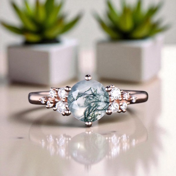 Asimetrik Tasarım Moss Agate ve Pırlanta Yüzük MA1140