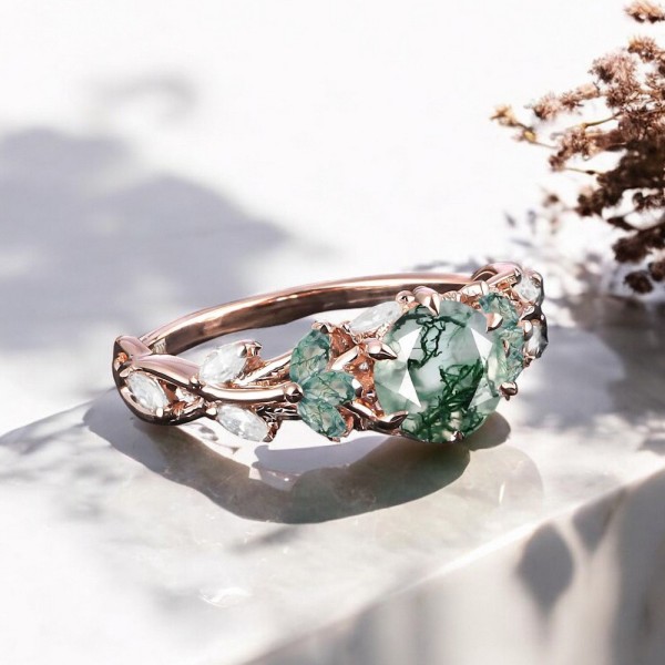 Beyaz Topaz Ve Moss Agate Taşlı Tasarım Yüzük MA1113