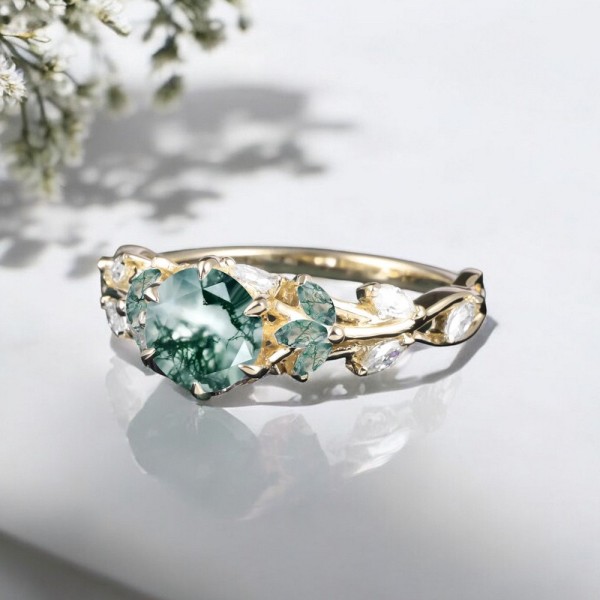 Beyaz Topaz Ve Moss Agate Taşlı Tasarım Yüzük MA1113