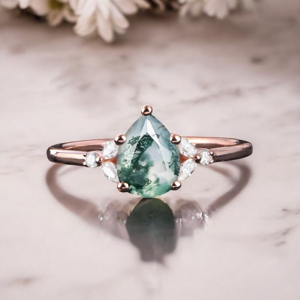 Damla Moss Agate Ve Pırlanta Evlilik Teklifi Yüzükleri MA1135