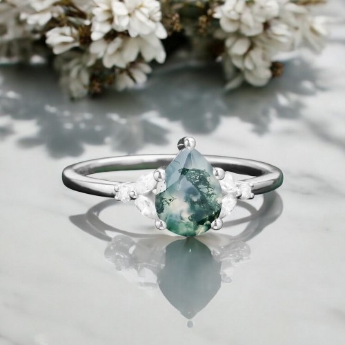 Damla Moss Agate Ve Pırlanta Evlilik Teklifi Yüzükleri MA1135