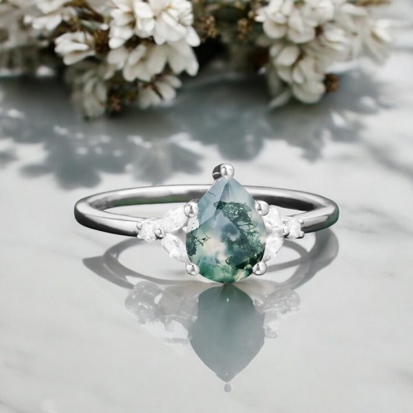 Damla Moss Agate Ve Pırlanta Evlilik Teklifi Yüzükleri MA1135