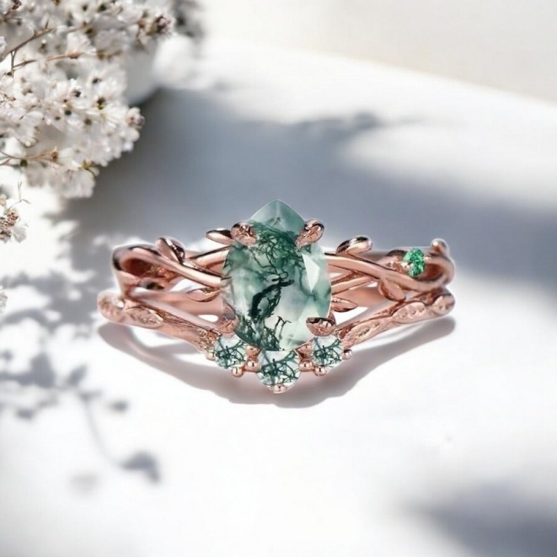 Damla Moss Agate Zümrüt Dal Yüzük 