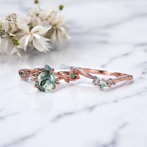 Damla Moss Agate Zümrüt Dal Set Yüzük MY2068