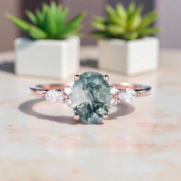 Markiz Pırlantalı Oval Moss Agate Yüzük MA1103