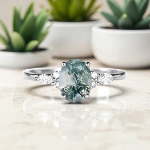 Markiz Pırlantalı Oval Moss Agate Yüzük MA1103